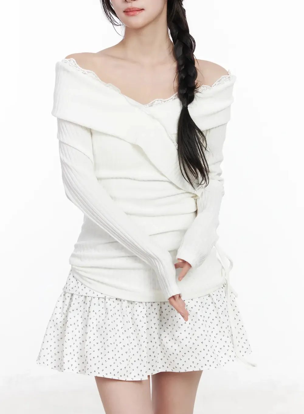 Lace Off-Shoulder Ribbed Top