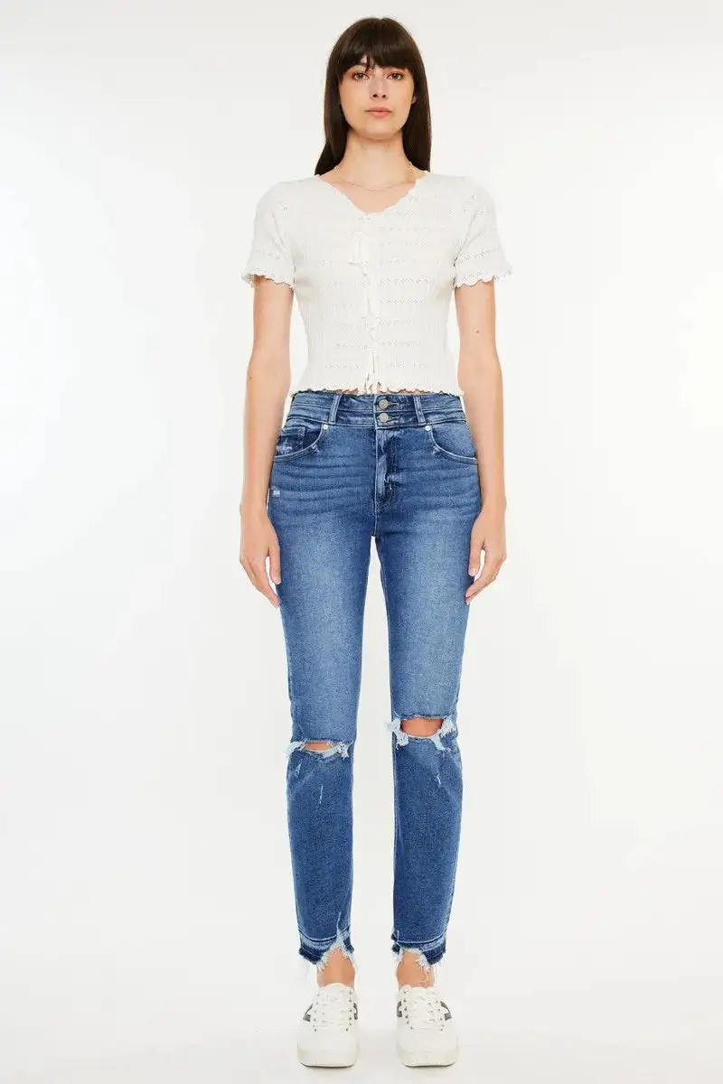 Textured High Waist Straight Leg Distressed Denim Jeans