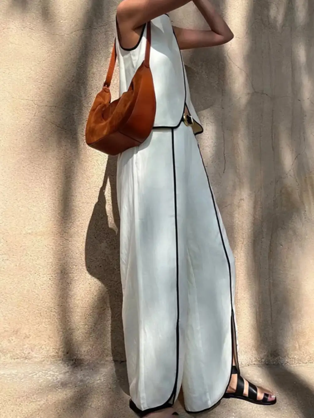 Contrast Trim Sleeveless Top and Wide Leg Pants Set