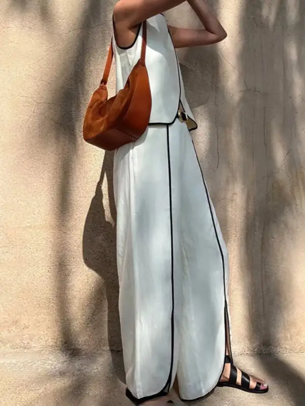 Contrast Trim Sleeveless Top and Wide Leg Pants Set
