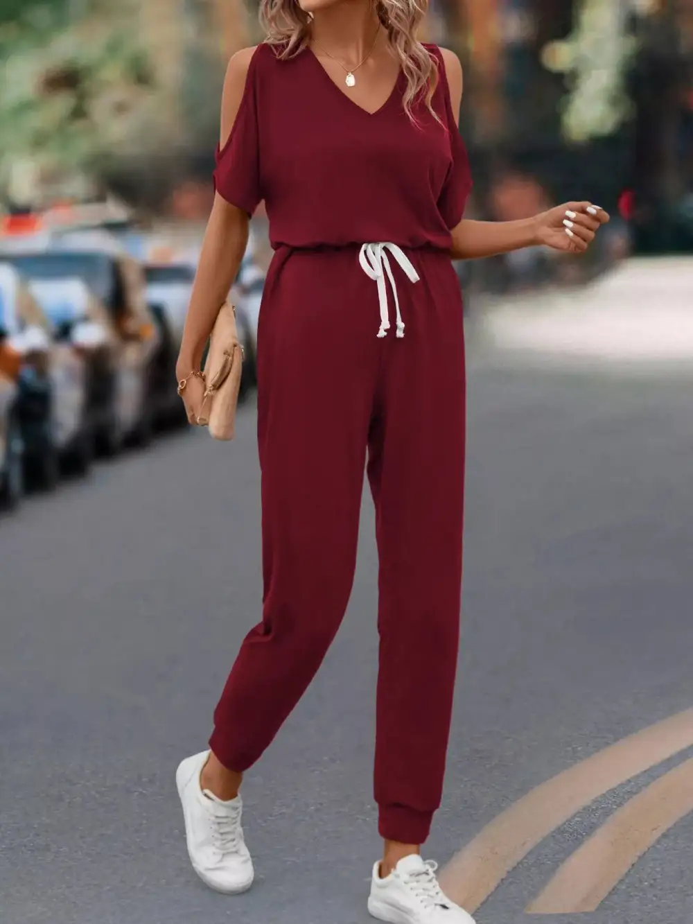 Cold Shoulder V Neck Drawstring Waist Jumpsuit
