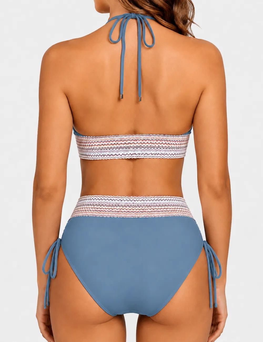 Deep V Neck Colorful Zigzag Smocked Trim Bikini Set