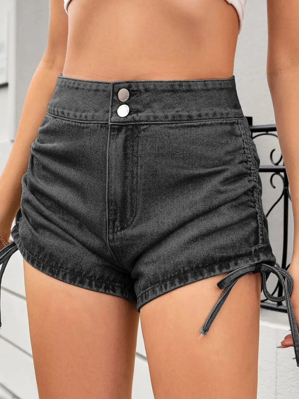 Ruched Side Drawstring Shorts Denim Pants