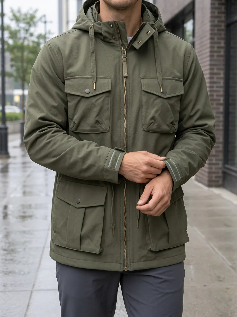 Men's Olive Green Hooded Waterproof Jacket with Flap Pockets