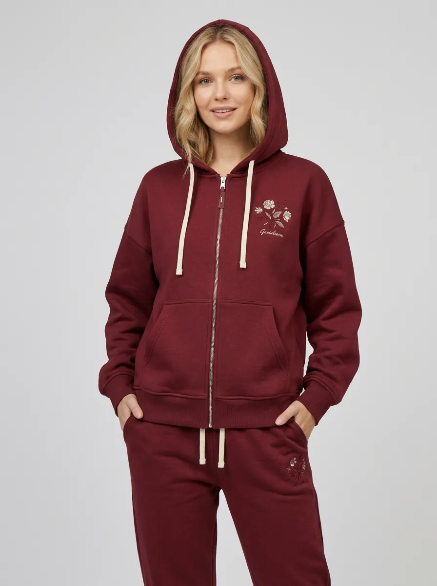 Women's Sage Green Floral Embroidered Relaxed Fit Zip-Up Hoodie Jacket & Jogger Set