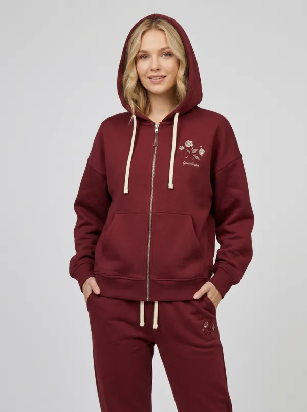 Women's Sage Green Floral Embroidered Relaxed Fit Zip-Up Hoodie Jacket & Jogger Set