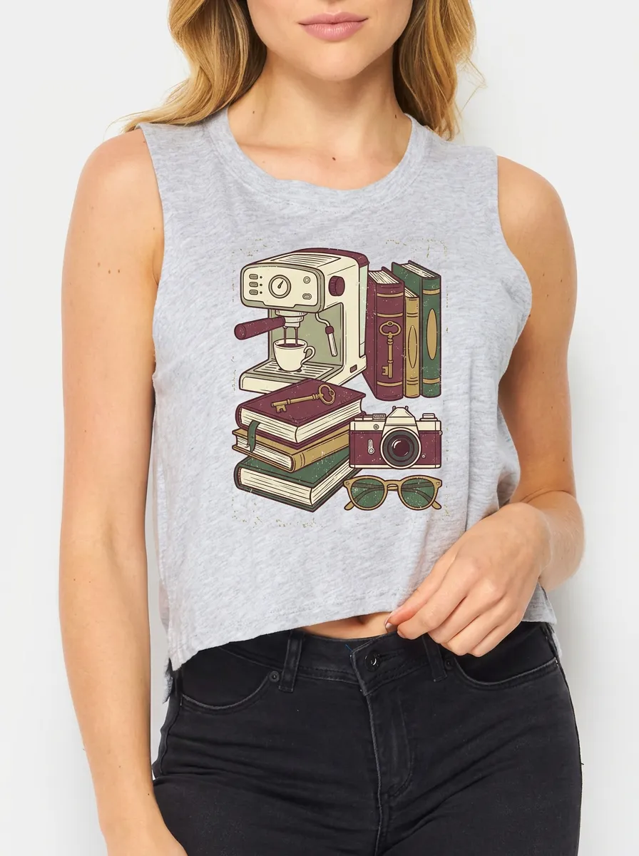Women's Coffee Book Camera Lover Printed Muscle Tank Top