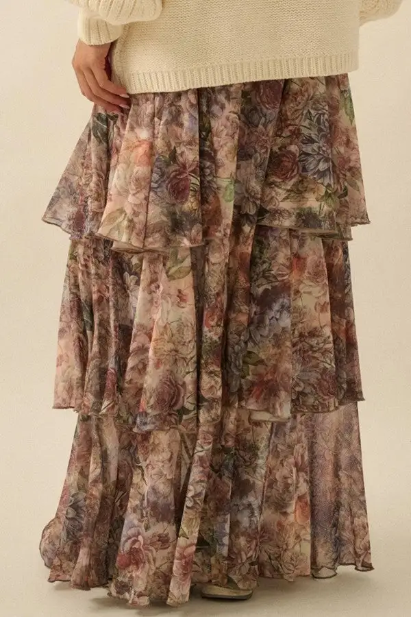 Women's Floral Print Tiered Ruffle Maxi Skirt