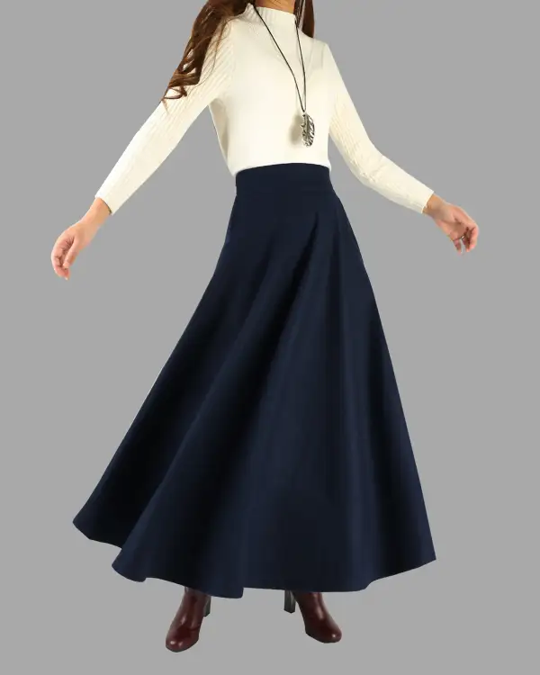 Pleated Wool A Line Maxi Skirt