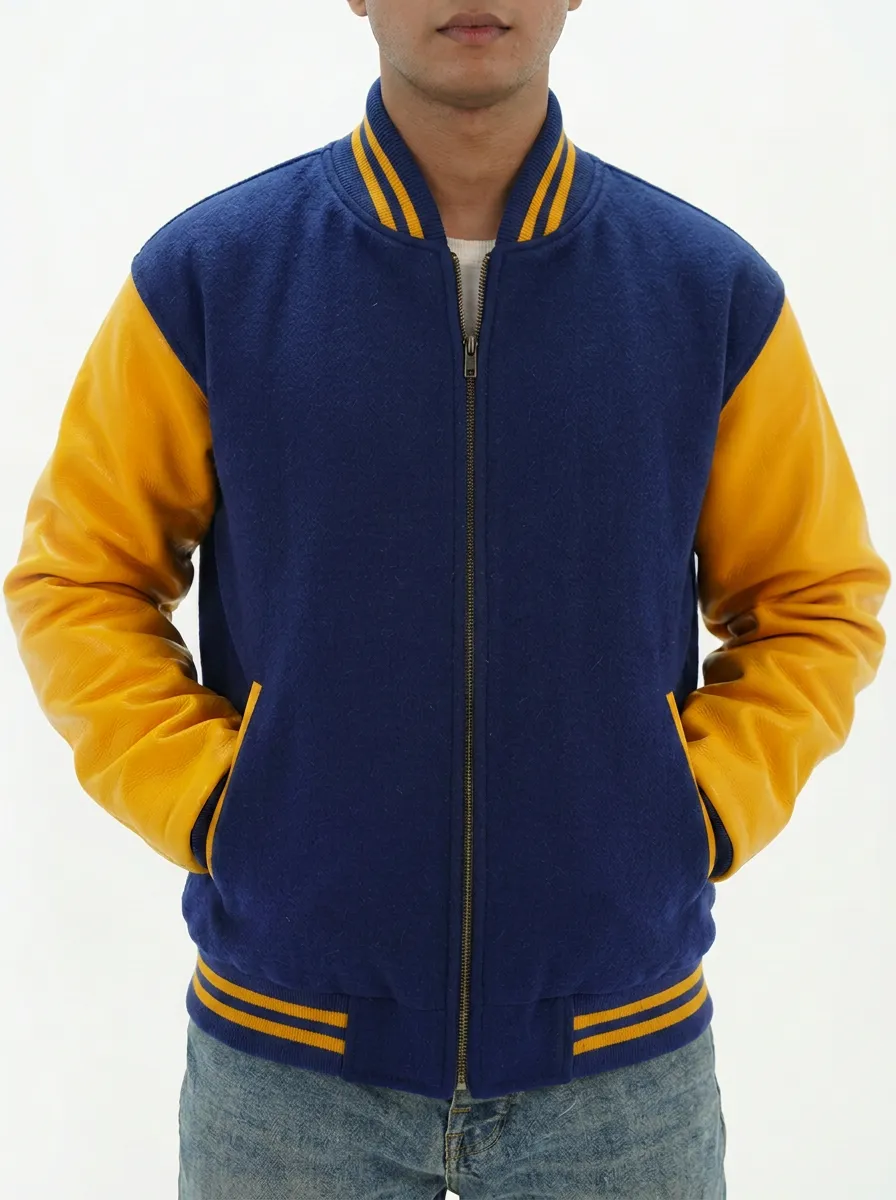 Men's Green & Yellow Colorblock Wool Baseball Jacket