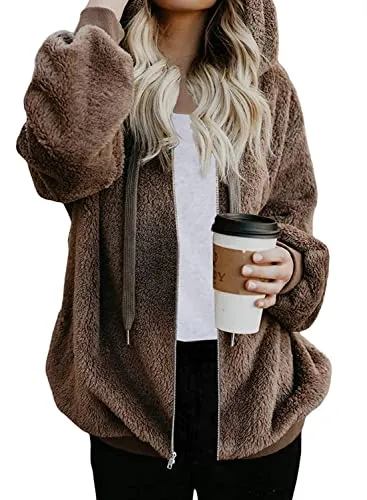 Womens Full Zip Up Sherpa Hoodie Fuzzy Fleece Jacket Oversized Fluffy Coat with Pockets