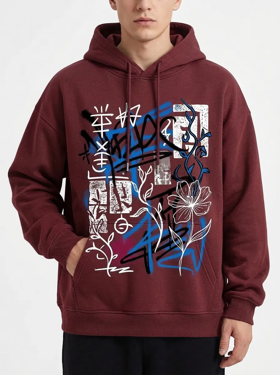 Unisex Streetwear Japanese Kanji Floral Graffiti Hoodie