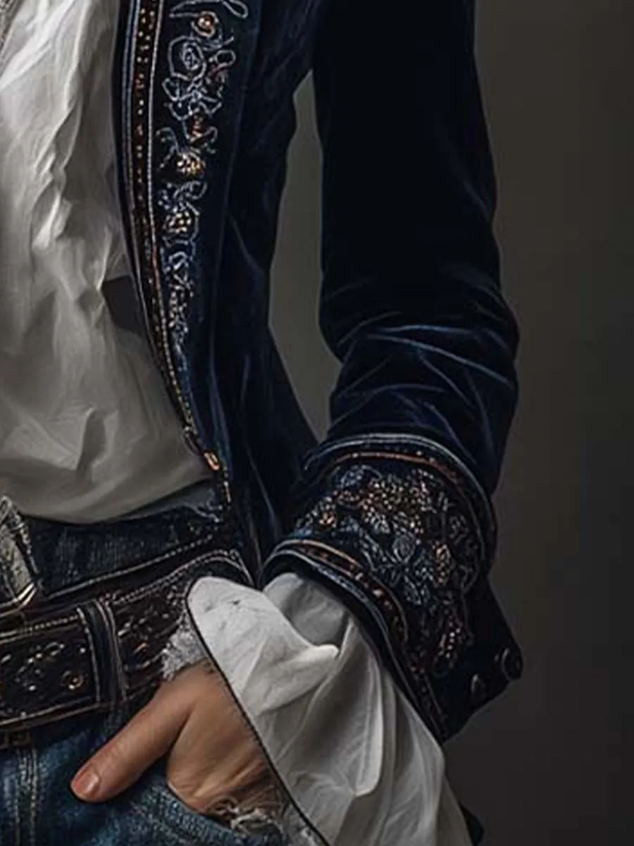 Open-Front Lapel-Collar Velvet Vintage-Inspired Tailored Jacket