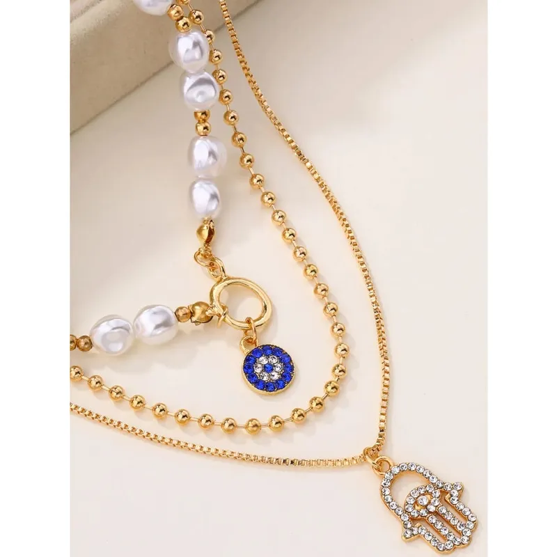 Pearl Chain Evil Eye Hamsa Pendant Necklace