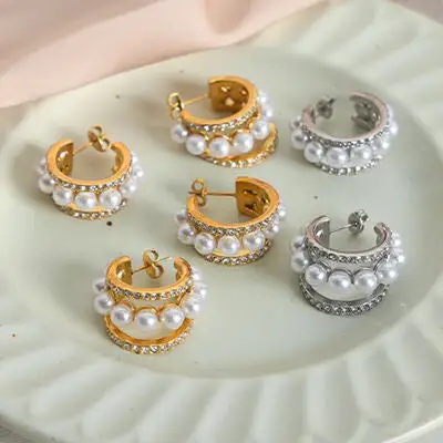 Pearl C Hoop Drop Earrings