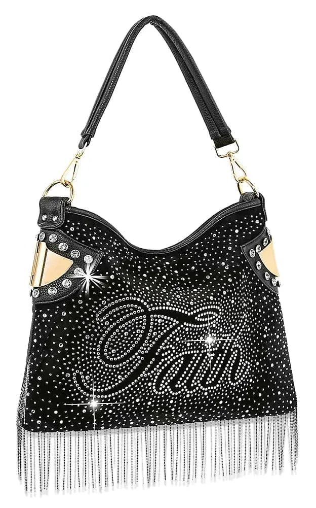 Classic Detail Crystal Accent Beaded Fringed Faux Leather Hobo Shoulder Bag
