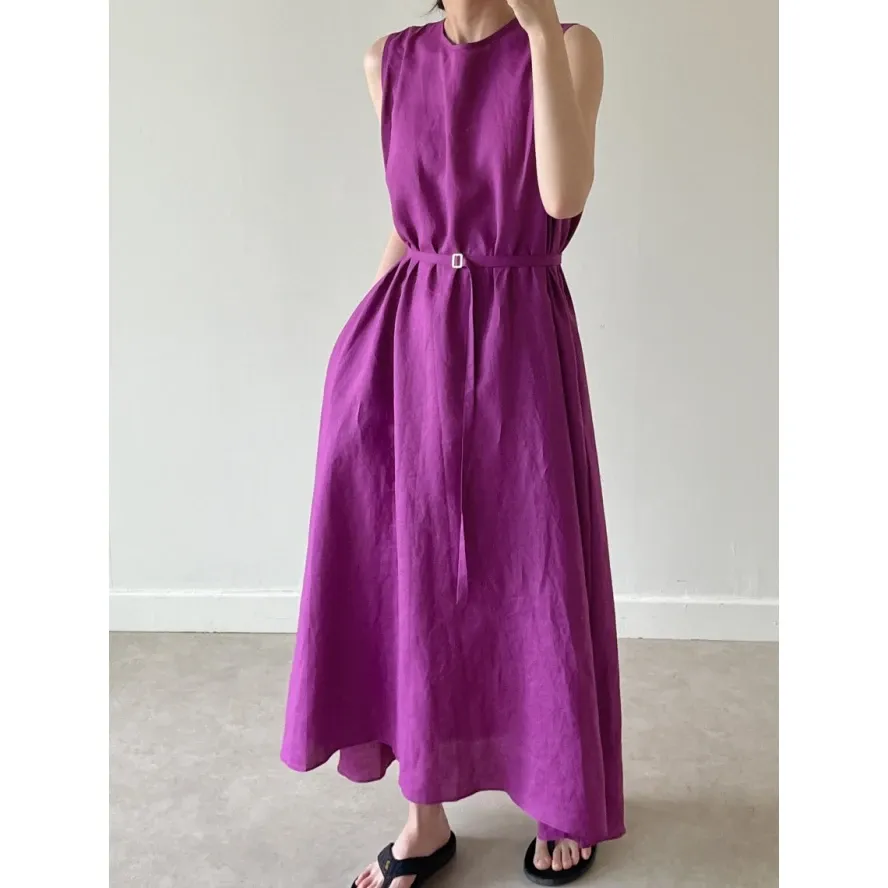 Sleeveless Linen Blend Cotton Blend Maxi Clean Line Dress