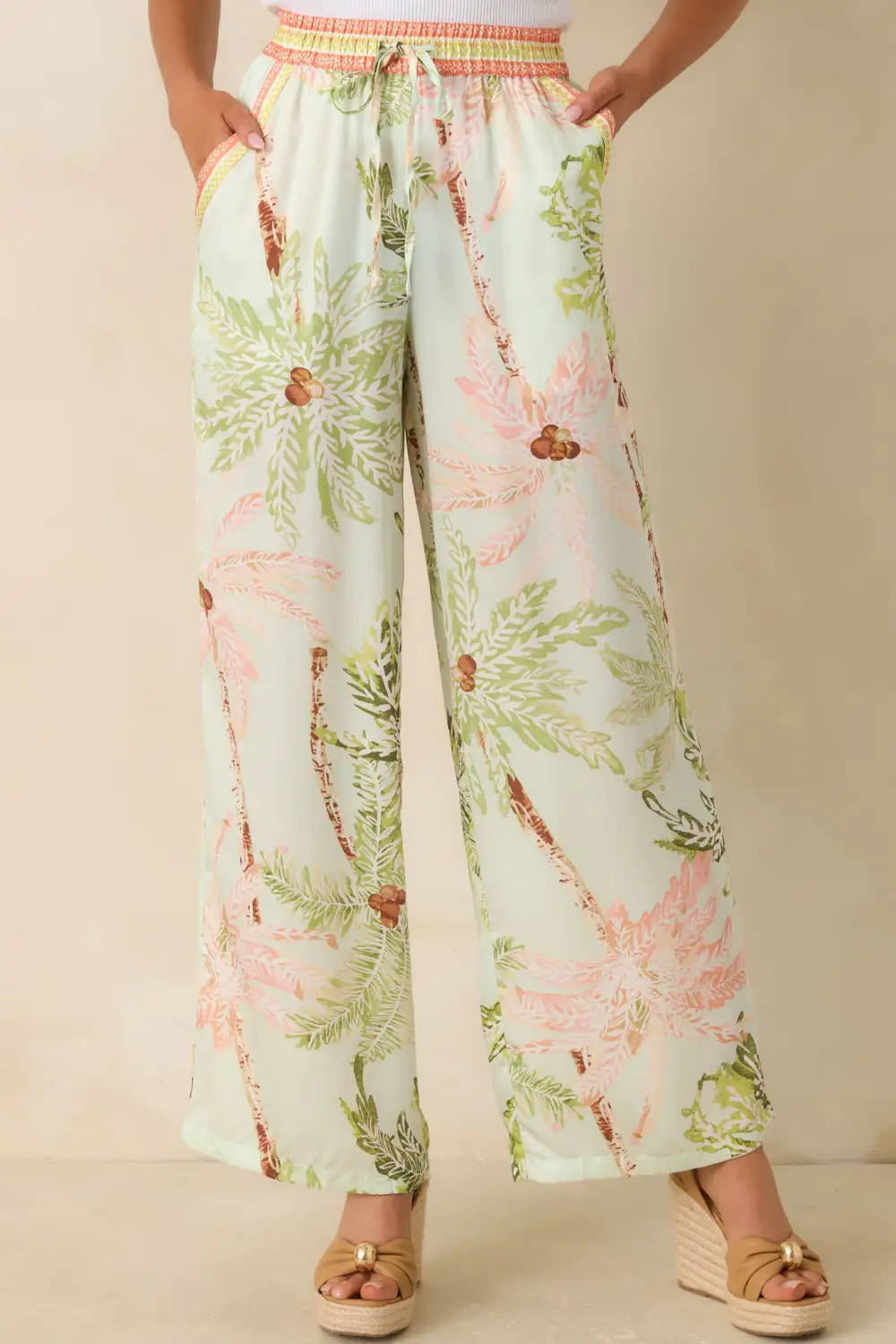 Seafoam Palm Print Drawstring Pants