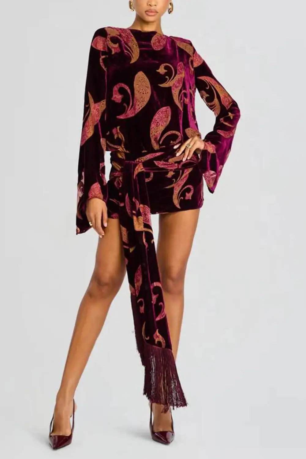 Paisley Print Bell Sleeve Tassel Mini Dress