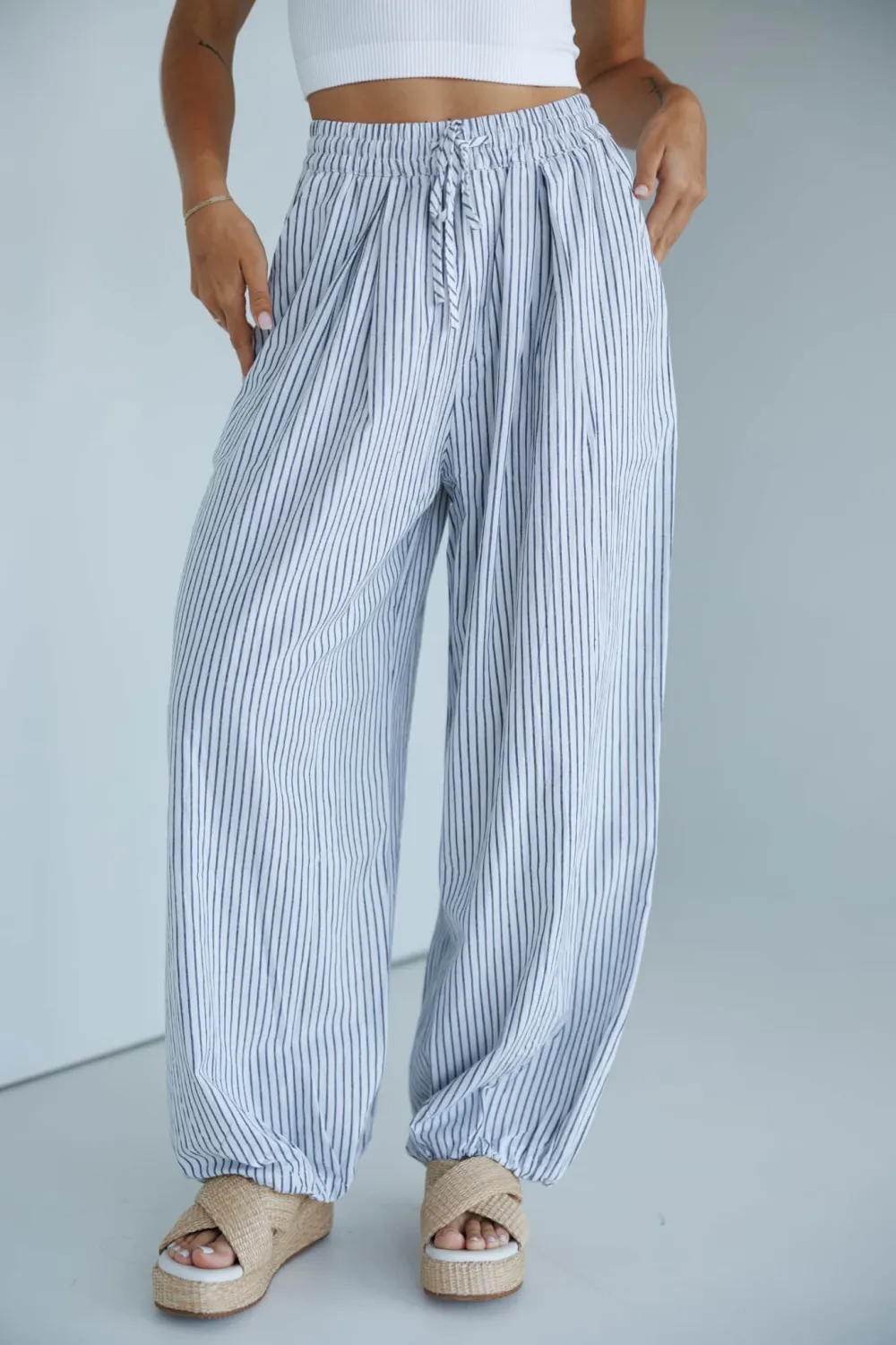 Balloon Belted Wide-Leg Striped Pants