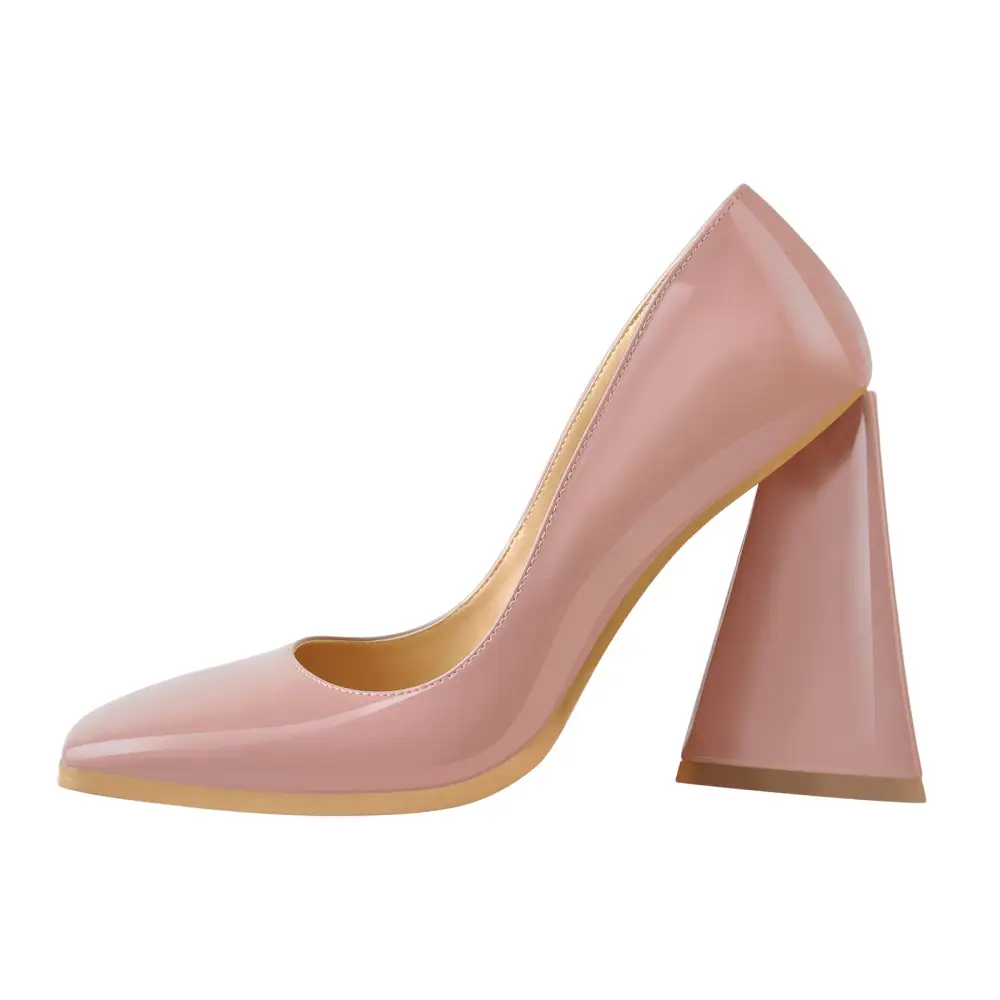 Patent Finish Pointed Toe Chunky Heel Pumps