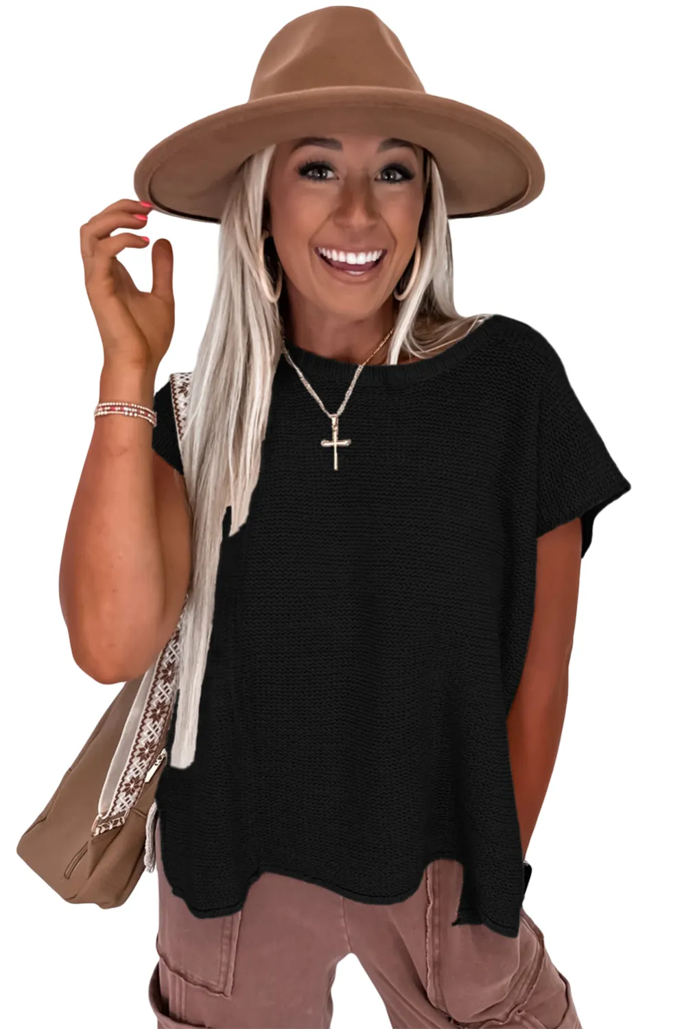 Black Sweater Side Slits Tee