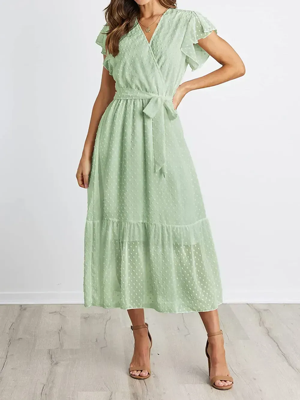 Women Summer Bohemian Floral Casual Wrap V Neck Ruffle Cap Sleeveless Belt A-Line Pleated Hem Swing Midi Sun Dress