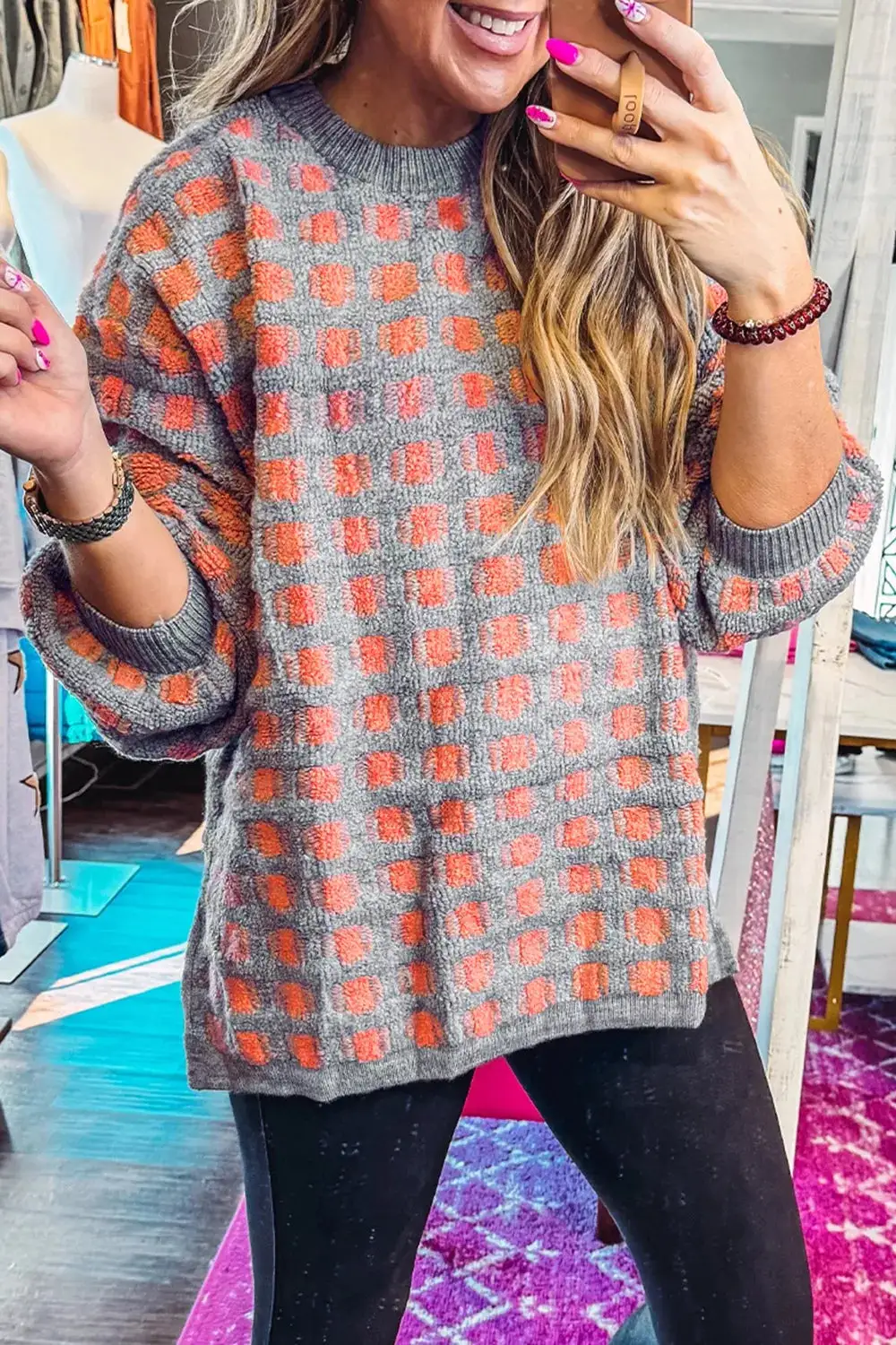 Drop Shoulder Round Neck Plaid Sweater