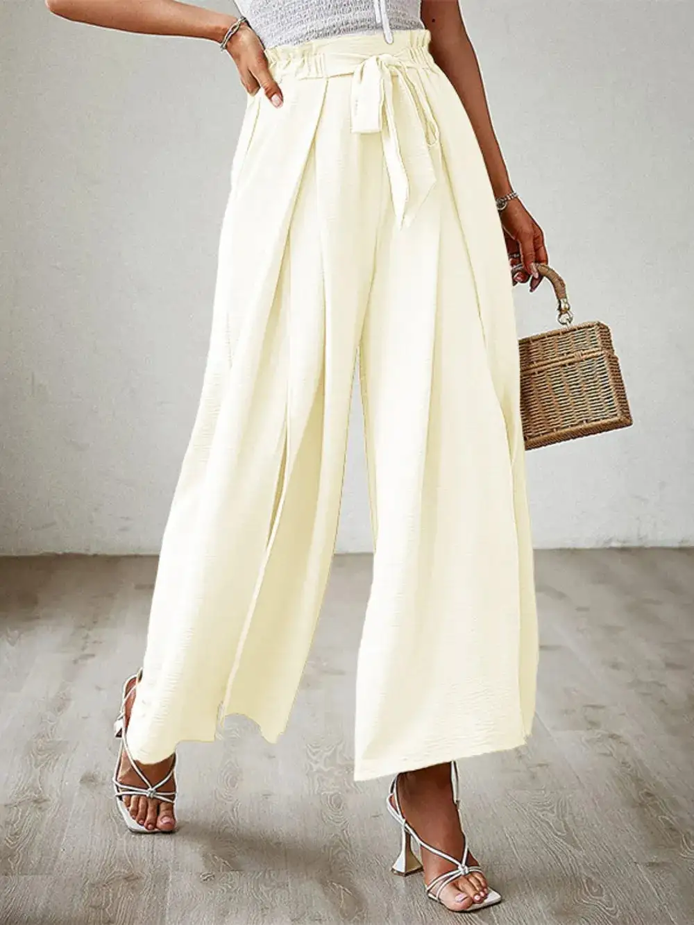 Wide Leg Tie Waist Slit Detail Everyday Pants