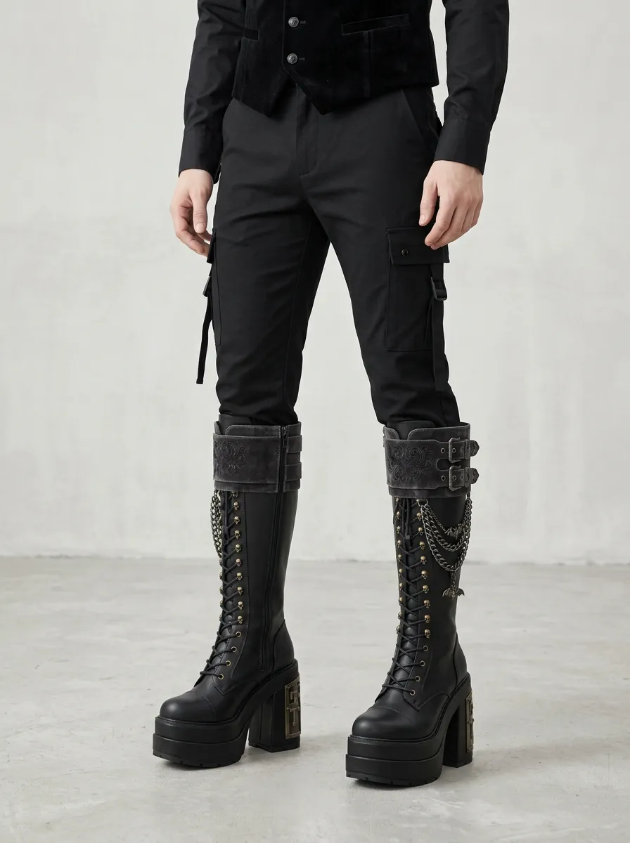 Dark Skull Bat Chain Collection Women's Gothic Platform Knee High Boots