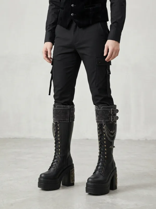 Dark Skull Bat Chain Collection Women's Gothic Platform Knee High Boots