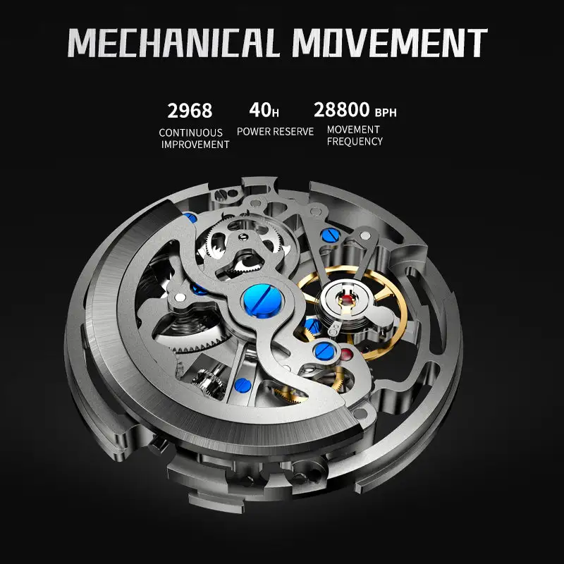 Sollen SL362 Men's Open Heart Automatic Mechanical Watch - 42mm Stainless Steel Case Slim 9.9mm Ice Blue Luminous Markers Mesh Bracelet Wristwatch