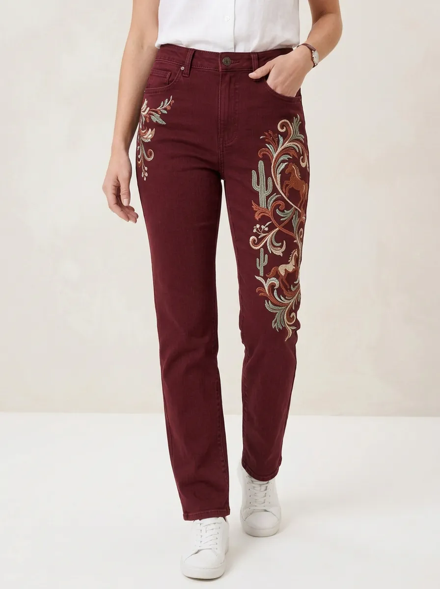 Women's Medium Wash Embroidered Straight-Leg Straight Leg Jeans