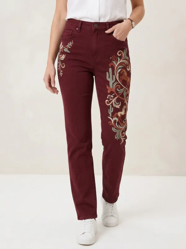 Women's Medium Wash Embroidered Straight-Leg Straight Leg Jeans