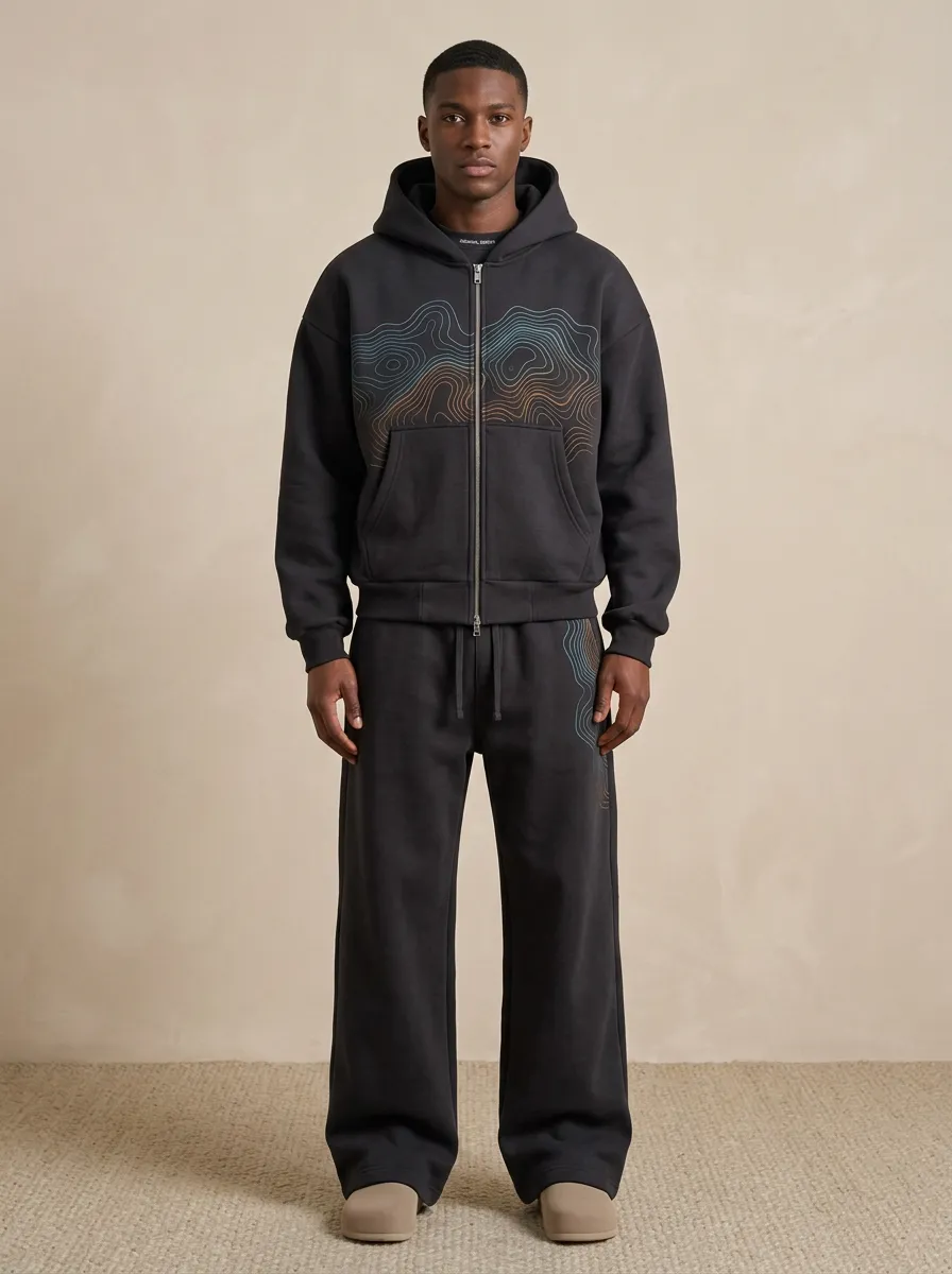 Men's Outdoor Explorer Topographic Map Printed Hoodie Jogger Set
