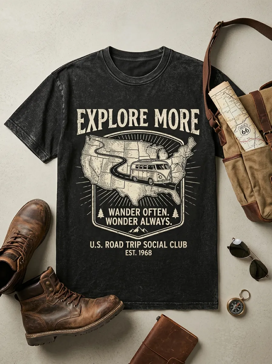 Unisex US Road Trip Camper Van Explore More Printed T-shirt