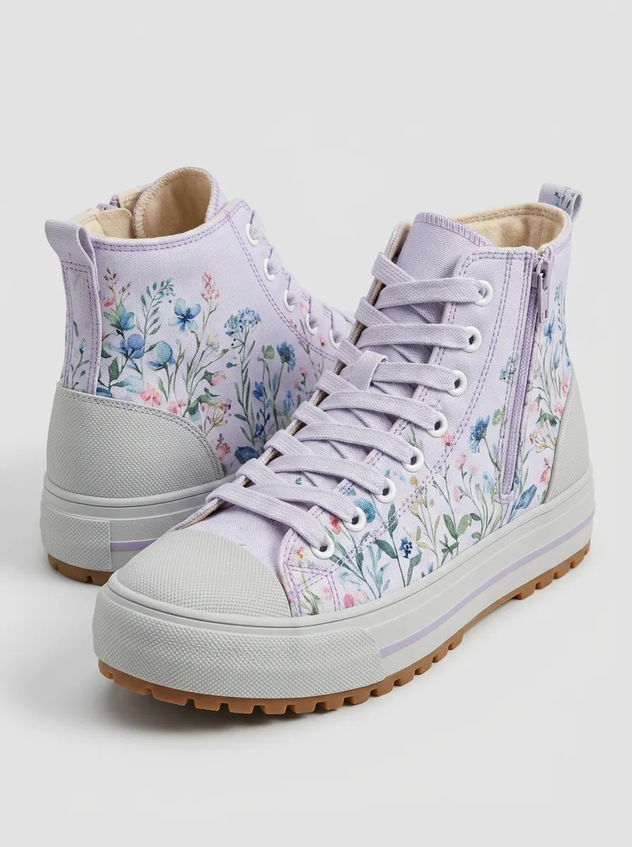 Women's Floral Garden Lavender Printed High Top Sneakers
