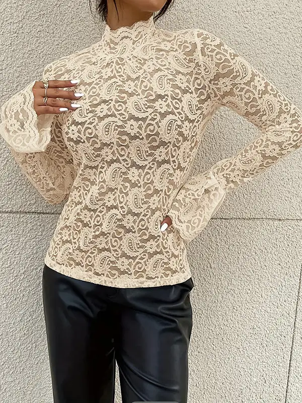 Sheer Panel Detail Mock Neck Flared Sleeve Long Sleeve T-Shirt