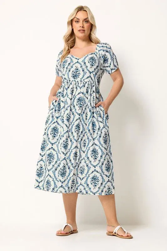 White & Blue Floral Linen Midaxi Dress