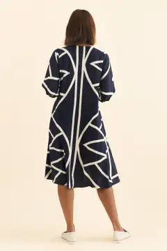 Below-Knee Abstract Viscose Button-Front Pleated V-Neck Half-Sleeve Dress