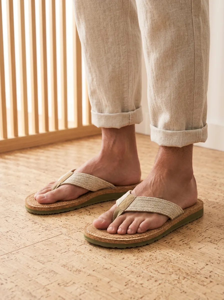 Men's Casual Beachwear Beige Linen Texture Printed Flip Flops