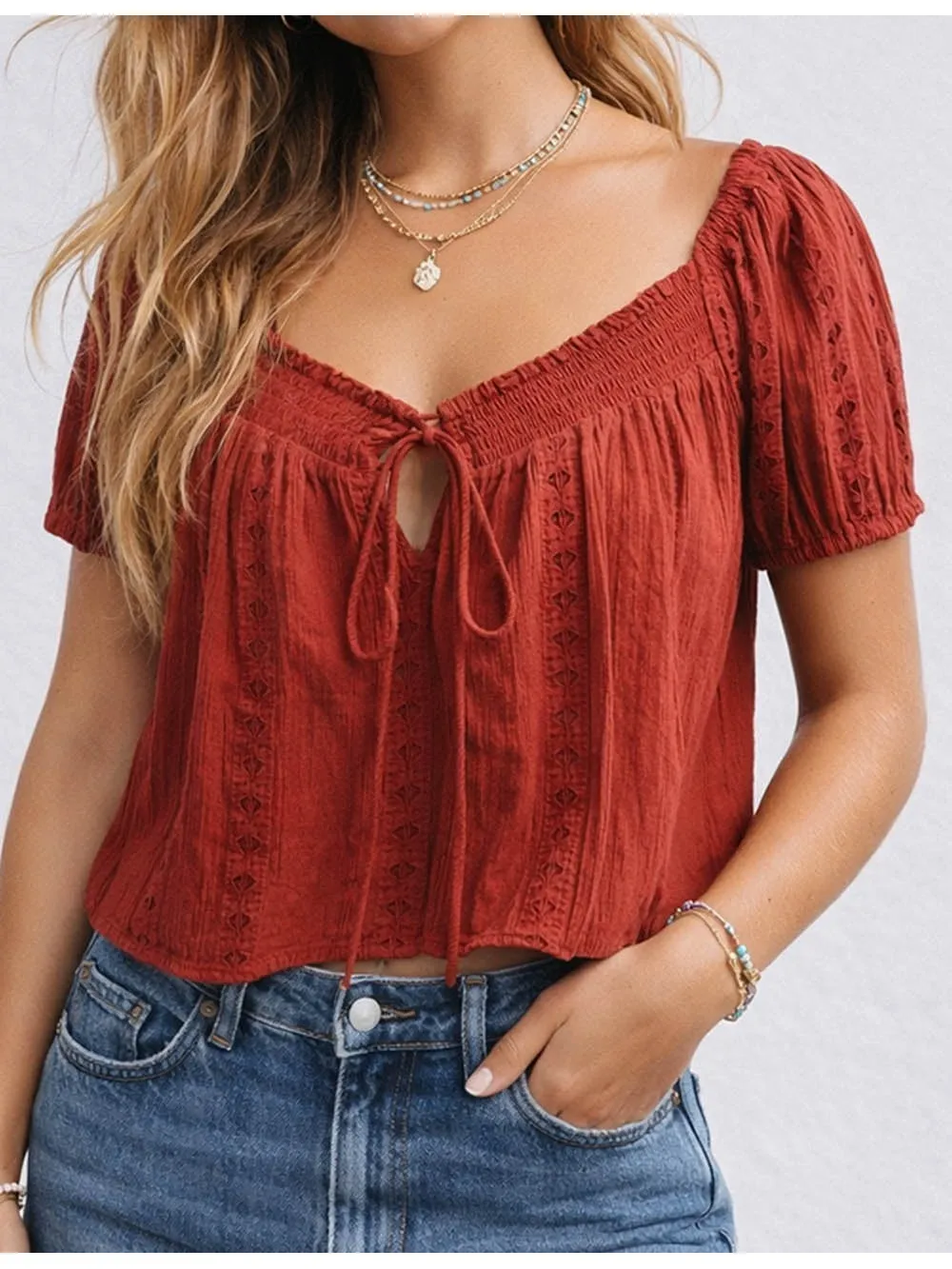 Geometric Pattern Neck Puff Short Sleeves Top