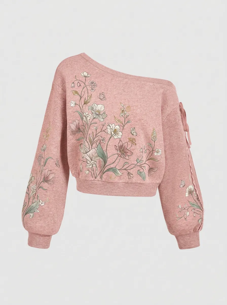 Women's Floral Botanical Butterfly Printed Off-Shoulder Sweatshirt