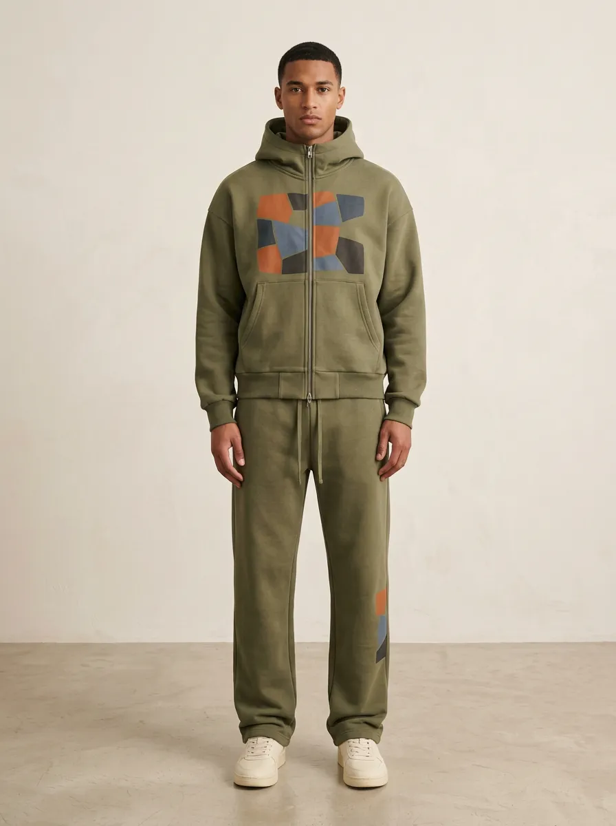 Men's Geometric Patchwork Olive Printed Hoodie Tracksuit