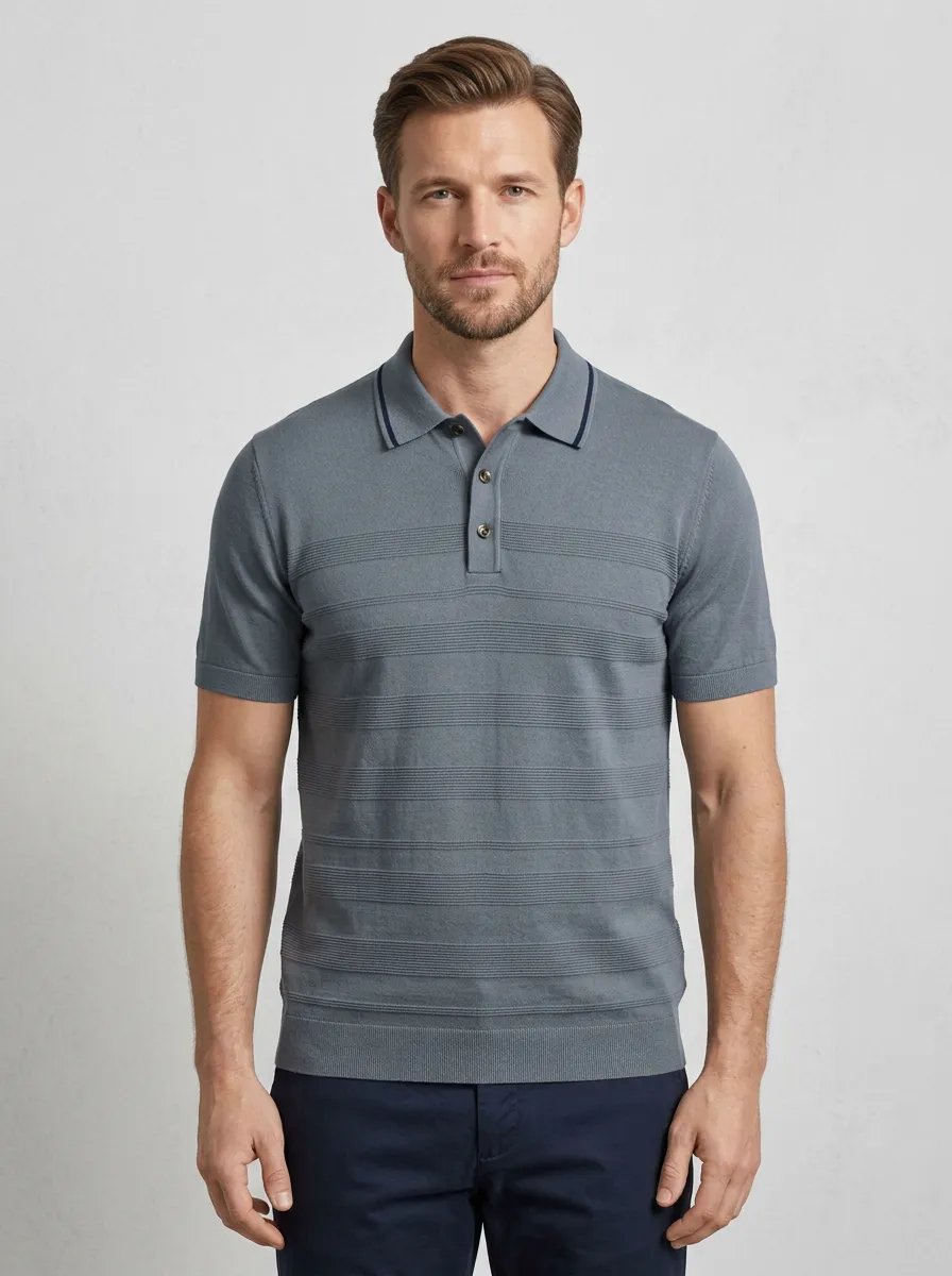 Men's Casual Grey Horizontal Striped Knit Polo Shirt