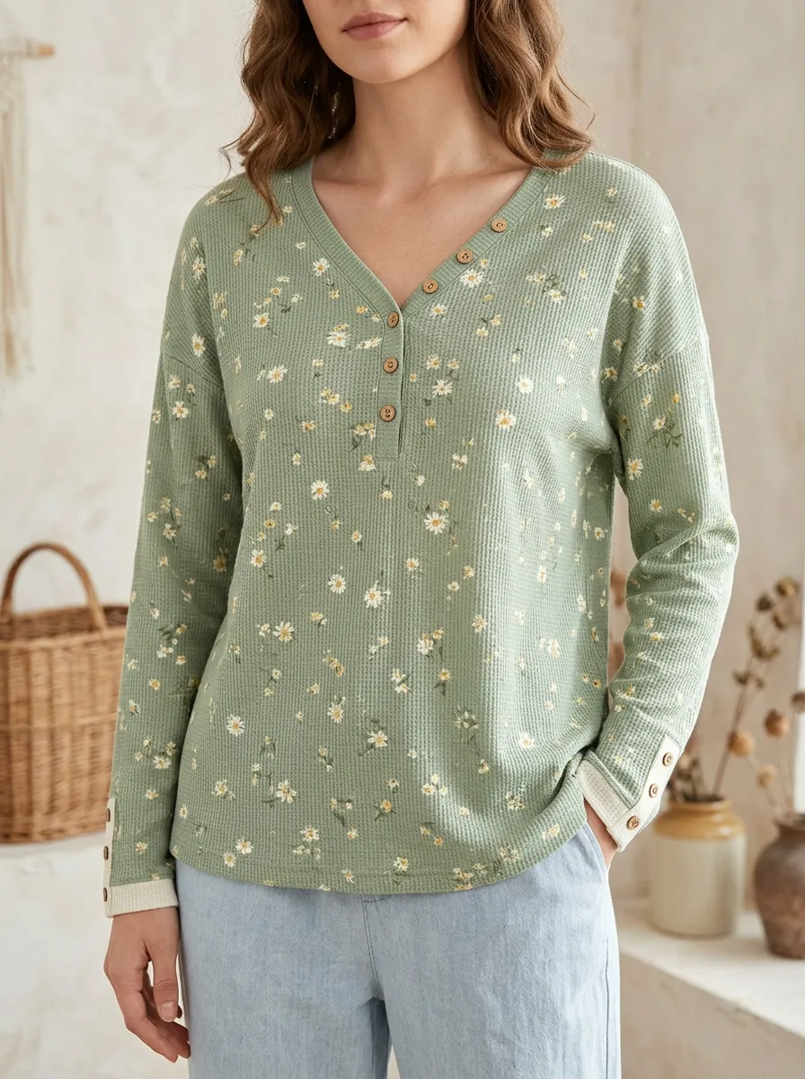Women's Floral Daisy Waffle Knit Printed V-Neck Button T-Shirt