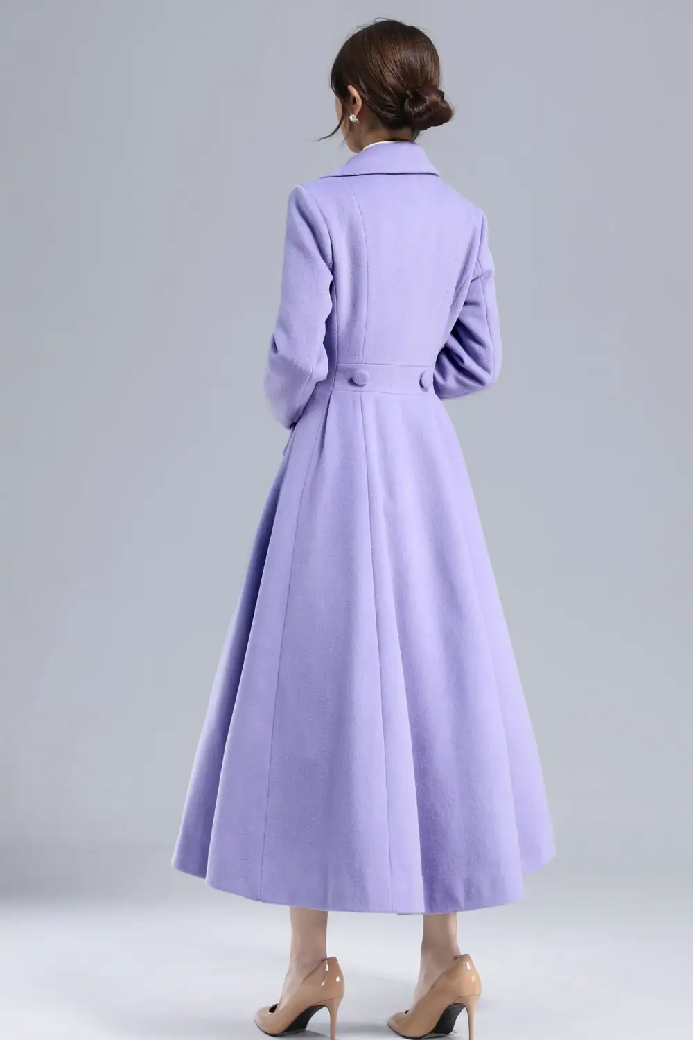 Wool Blend Fit and Flare Double Breasted Lapel Collar Pocketed Long Coat