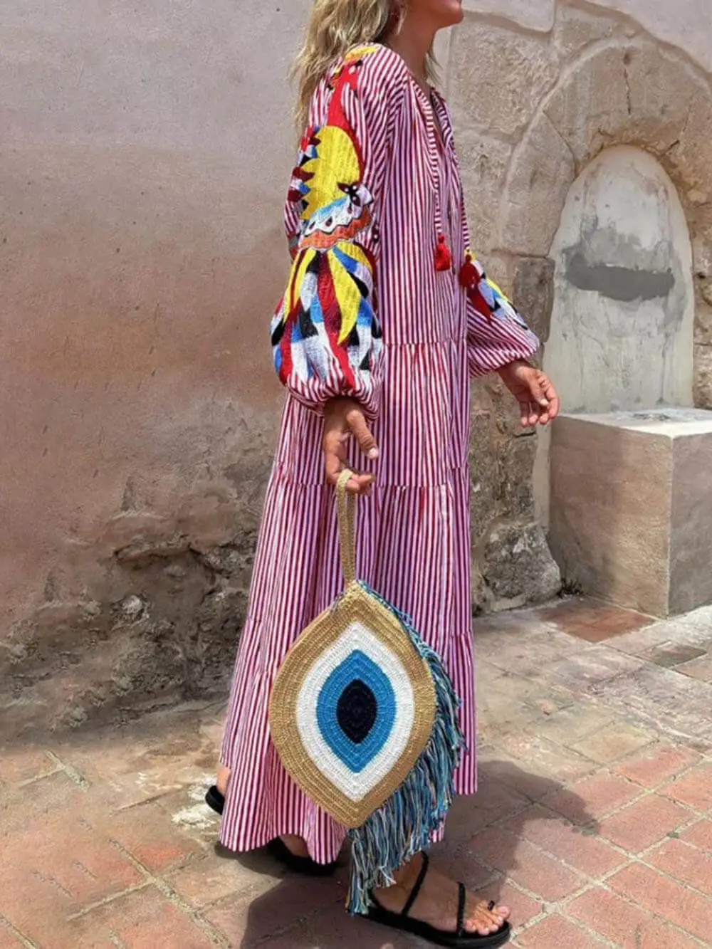Peacock Pattern Stripe Print Maxi Dress