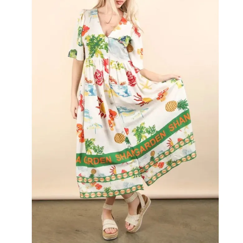 Button Down Printed Midi Dress