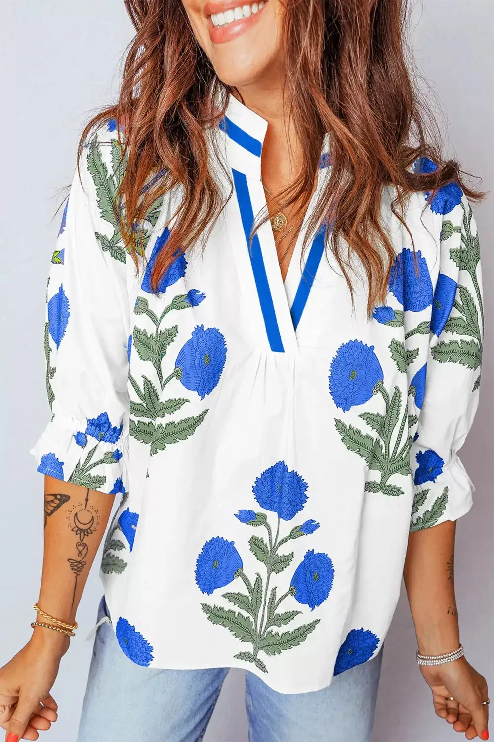 Floral Print Notched Ruffled Sleeve Blouse